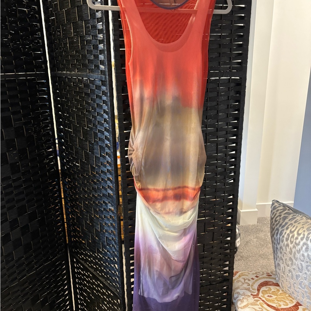 Zara Sleeveless Ombre Midi Dress in Red, Cream & Purple